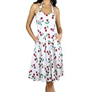 Cherry pin up style halter dress with pockets